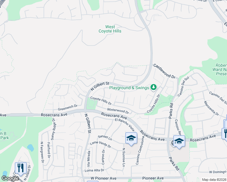 map of restaurants, bars, coffee shops, grocery stores, and more near 2136 Seaview Drive in Fullerton