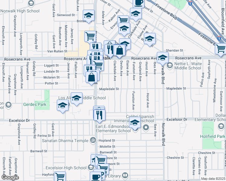 map of restaurants, bars, coffee shops, grocery stores, and more near 14605 Clarkdale Avenue in Norwalk