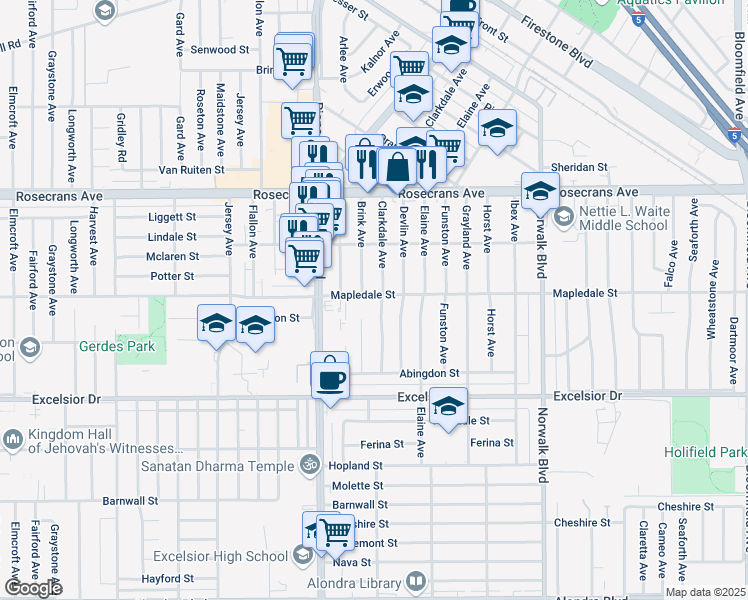 map of restaurants, bars, coffee shops, grocery stores, and more near 14605 Clarkdale Avenue in Norwalk
