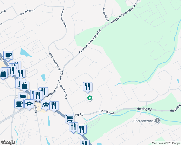 map of restaurants, bars, coffee shops, grocery stores, and more near 2140 Grayfield Drive in Grayson
