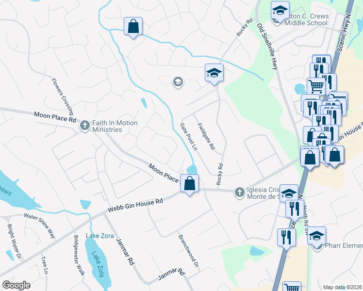 map of restaurants, bars, coffee shops, grocery stores, and more near 2100 Milfield Circle in Snellville