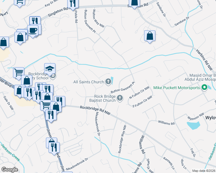 map of restaurants, bars, coffee shops, grocery stores, and more near 5850 Castle Court Northwest in Norcross