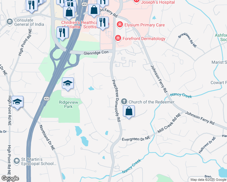 map of restaurants, bars, coffee shops, grocery stores, and more near 105 Kingston Manor Northeast in Atlanta