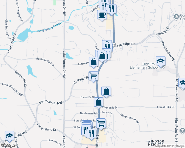 map of restaurants, bars, coffee shops, grocery stores, and more near 160 Mount Paran Road Northeast in Atlanta