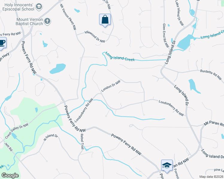 map of restaurants, bars, coffee shops, grocery stores, and more near 5295 London Drive Northwest in Atlanta