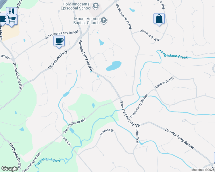 map of restaurants, bars, coffee shops, grocery stores, and more near 3 Powers Chase Circle Northwest in Atlanta