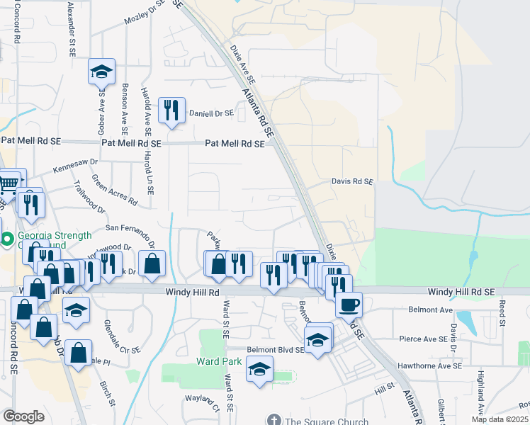 map of restaurants, bars, coffee shops, grocery stores, and more near 915 Woodland Trail in Smyrna
