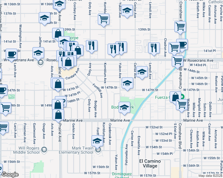 map of restaurants, bars, coffee shops, grocery stores, and more near 3634 West 147th Street in Hawthorne