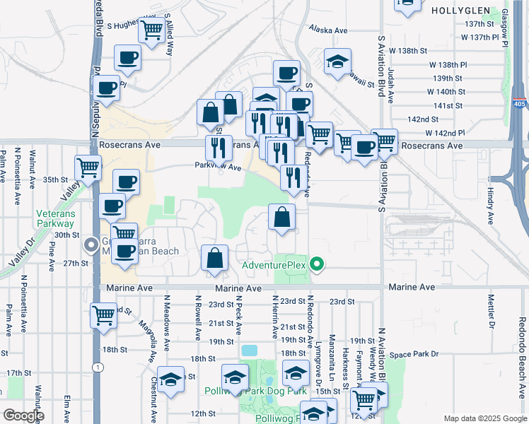 map of restaurants, bars, coffee shops, grocery stores, and more near 23 Santa Rosa Court in Manhattan Beach