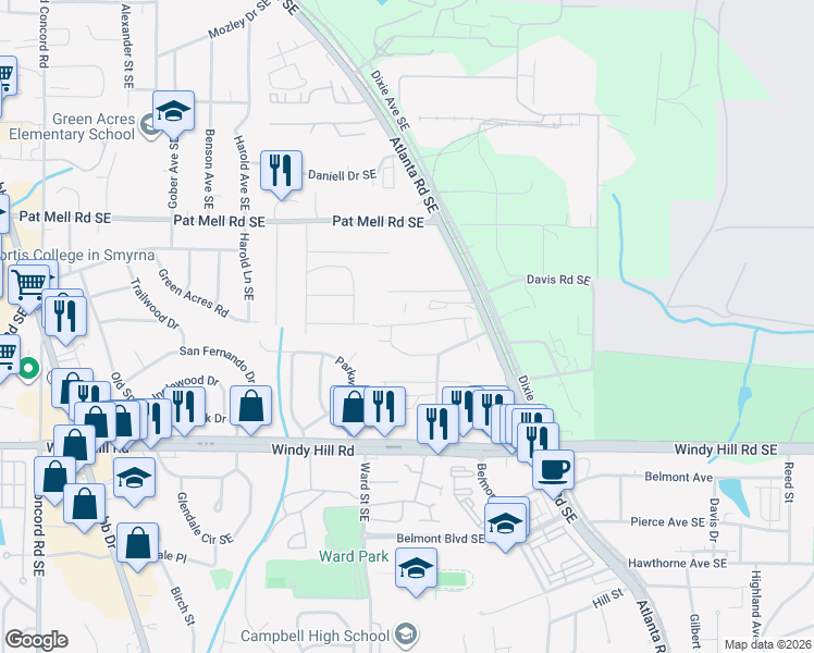 map of restaurants, bars, coffee shops, grocery stores, and more near 915 Woodland Trail in Smyrna