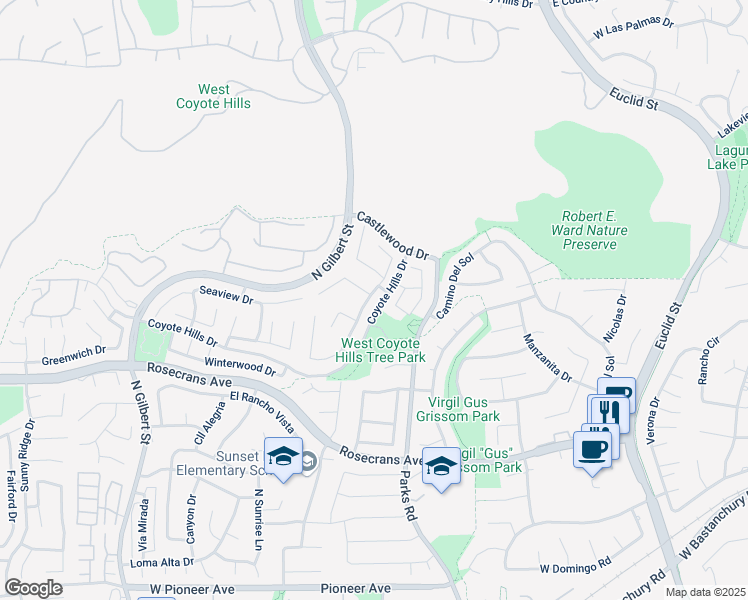 map of restaurants, bars, coffee shops, grocery stores, and more near 1812 Berkshire Drive in Fullerton