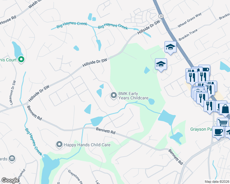 map of restaurants, bars, coffee shops, grocery stores, and more near 1840 Cooper Lakes Drive in Grayson