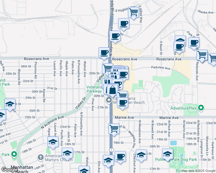 map of restaurants, bars, coffee shops, grocery stores, and more near 3201 North Sepulveda Boulevard in Manhattan Beach