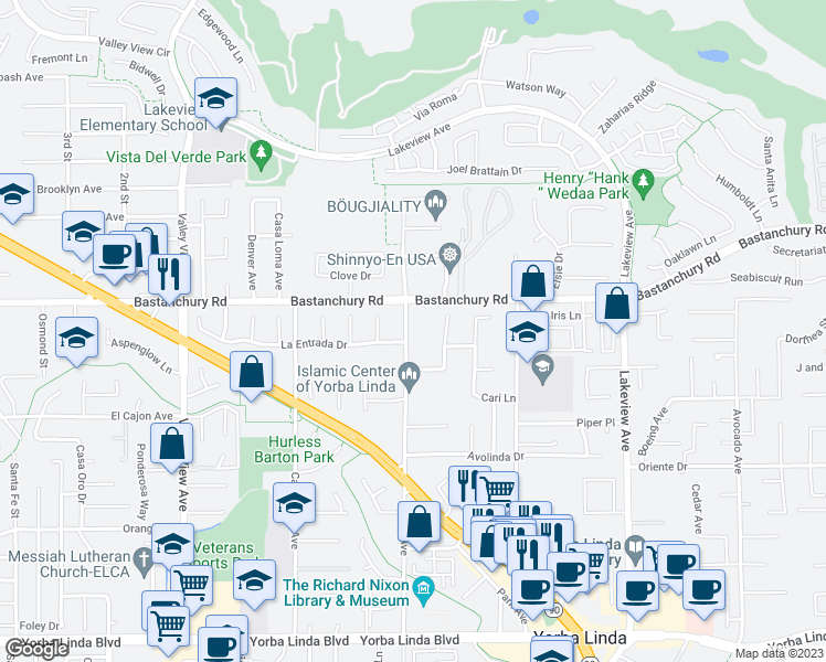 map of restaurants, bars, coffee shops, grocery stores, and more near 4302 Eureka Avenue in Yorba Linda