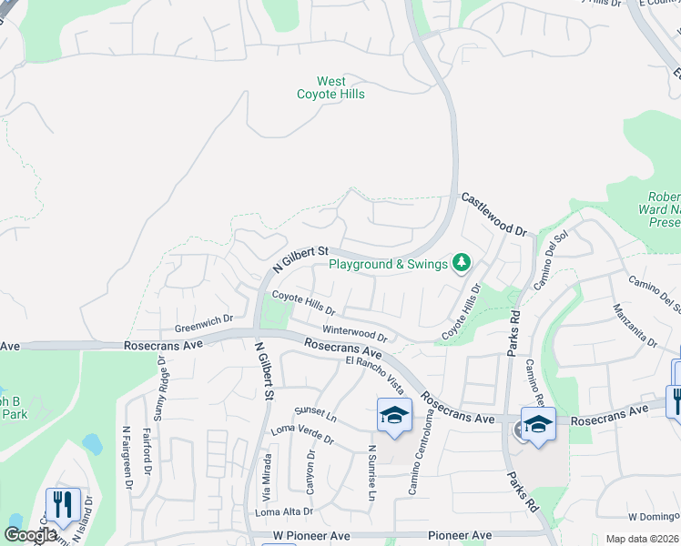 map of restaurants, bars, coffee shops, grocery stores, and more near 2136 Seaview Drive in Fullerton