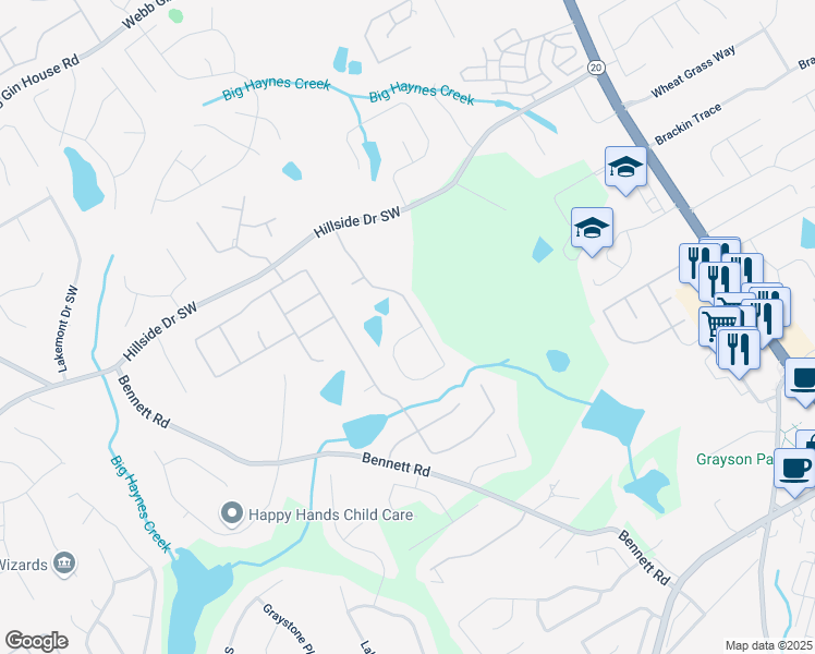 map of restaurants, bars, coffee shops, grocery stores, and more near 2130 Cooper Lakes Drive in Grayson
