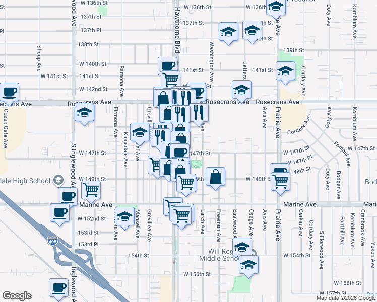 map of restaurants, bars, coffee shops, grocery stores, and more near 4335 West 147th Street in Lawndale