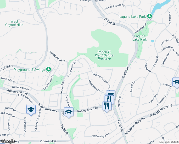 map of restaurants, bars, coffee shops, grocery stores, and more near 2441 Camino Rey in Fullerton