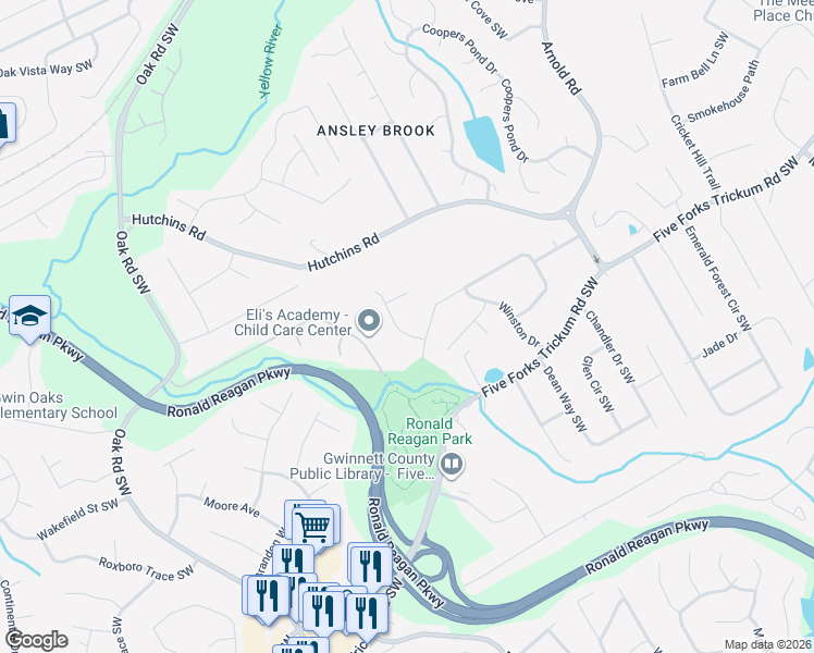 map of restaurants, bars, coffee shops, grocery stores, and more near 2775 Commons Drive in Lawrenceville