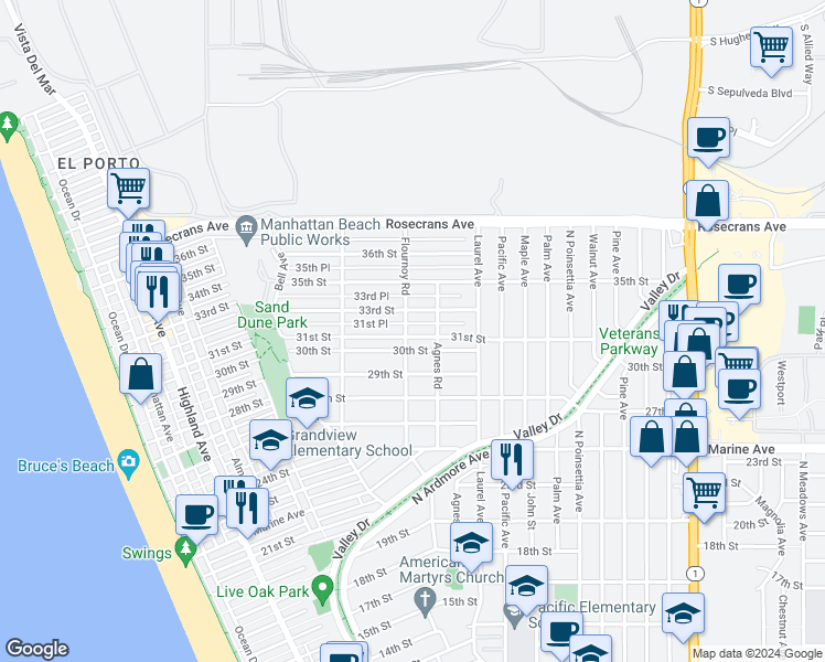 map of restaurants, bars, coffee shops, grocery stores, and more near 705 31st Street in Manhattan Beach