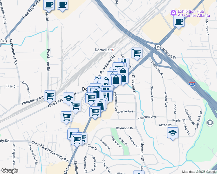 map of restaurants, bars, coffee shops, grocery stores, and more near 5338 Buford Highway Northeast in Doraville