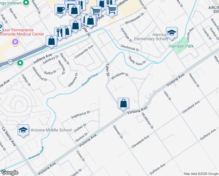 map of restaurants, bars, coffee shops, grocery stores, and more near 2945 Tyler Street in Riverside