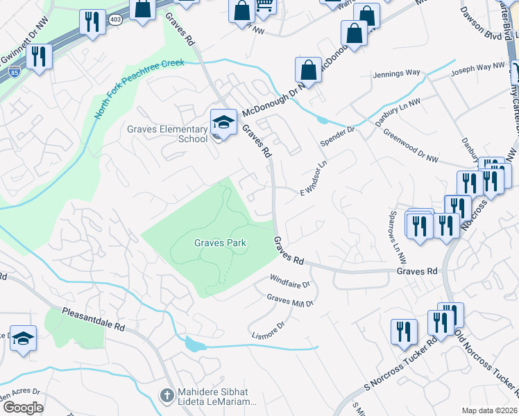 map of restaurants, bars, coffee shops, grocery stores, and more near 6711 Colchester Place Northwest in Norcross