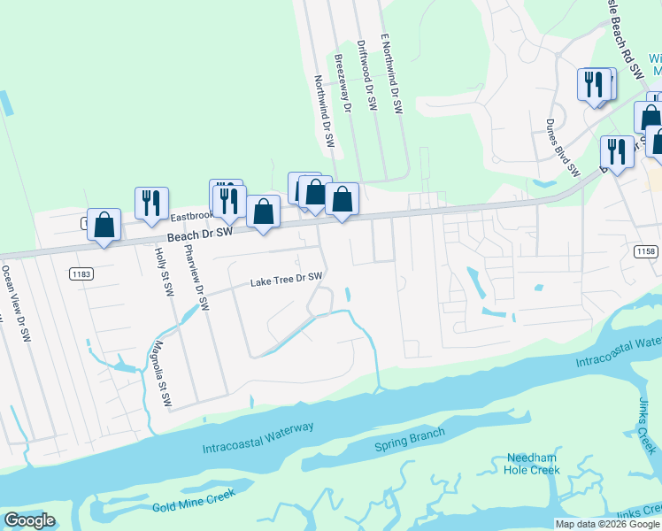 map of restaurants, bars, coffee shops, grocery stores, and more near 1653 Lake Tree Drive Southwest in Ocean Isle Beach