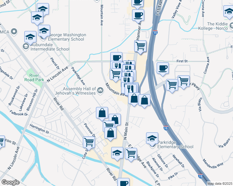 map of restaurants, bars, coffee shops, grocery stores, and more near 1256 Mountain Avenue in Norco