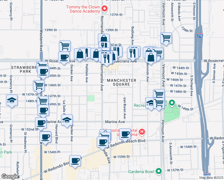 map of restaurants, bars, coffee shops, grocery stores, and more near 1320 West 146th Street in Gardena