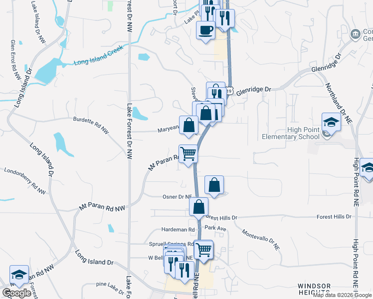 map of restaurants, bars, coffee shops, grocery stores, and more near 160 Mount Paran Road Northeast in Atlanta