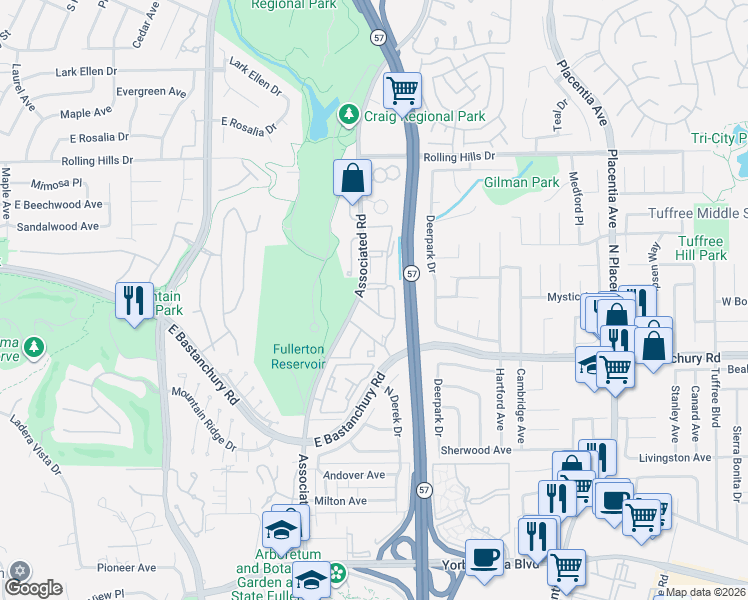 map of restaurants, bars, coffee shops, grocery stores, and more near 2656 Associated Road in Fullerton
