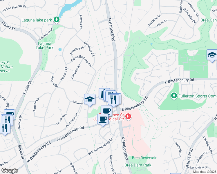 map of restaurants, bars, coffee shops, grocery stores, and more near 213 Miguel Place in Fullerton