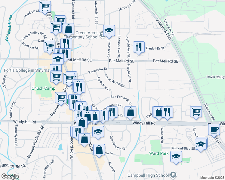 map of restaurants, bars, coffee shops, grocery stores, and more near 2261 Trailwood Drive in Smyrna