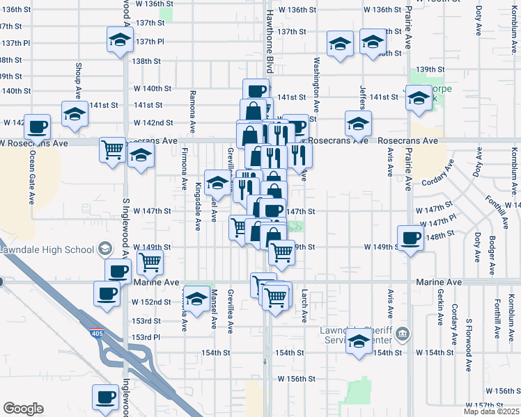map of restaurants, bars, coffee shops, grocery stores, and more near 4407 West 147th Street in Lawndale