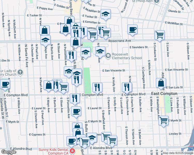 map of restaurants, bars, coffee shops, grocery stores, and more near 1706 East Palmer Street in Compton