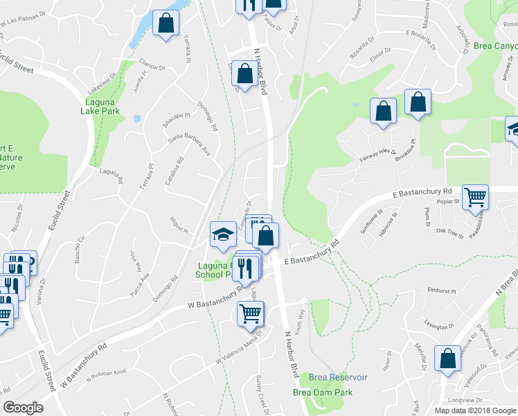 map of restaurants, bars, coffee shops, grocery stores, and more near 207 Miguel Place in Fullerton
