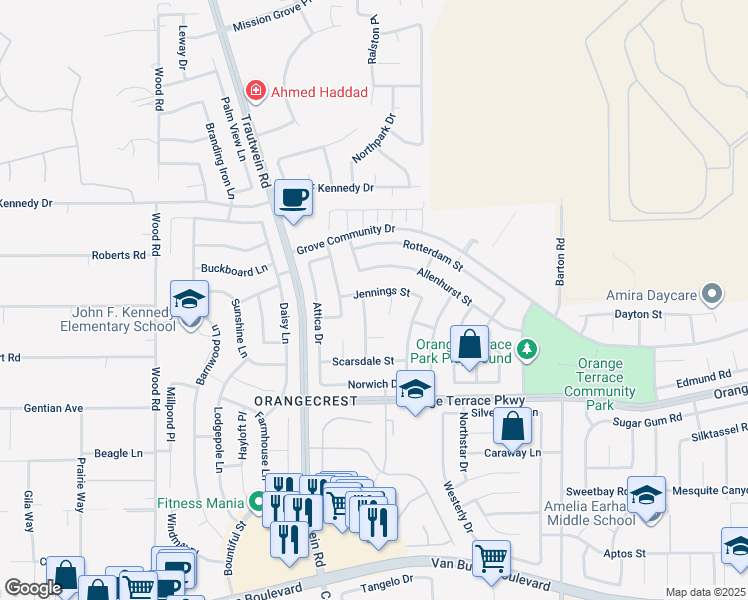 map of restaurants, bars, coffee shops, grocery stores, and more near 19459 Jennings Street in Riverside