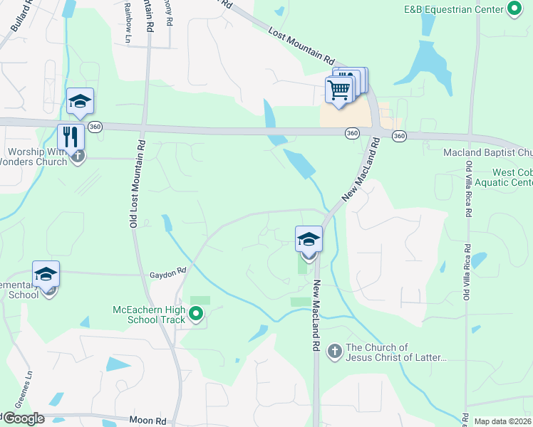 map of restaurants, bars, coffee shops, grocery stores, and more near 4315 Gaydon Road in Powder Springs
