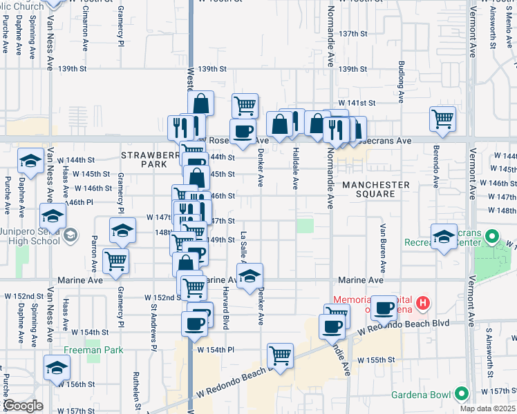 map of restaurants, bars, coffee shops, grocery stores, and more near 14615 Denker Avenue in Gardena