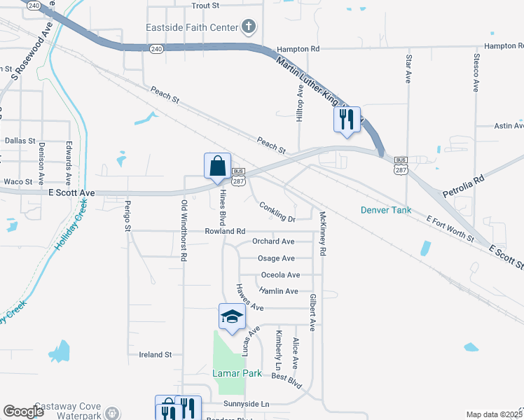 map of restaurants, bars, coffee shops, grocery stores, and more near 1621 Conkling Drive in Wichita Falls