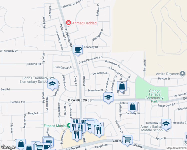 map of restaurants, bars, coffee shops, grocery stores, and more near 8401 Newburgh Street in Riverside