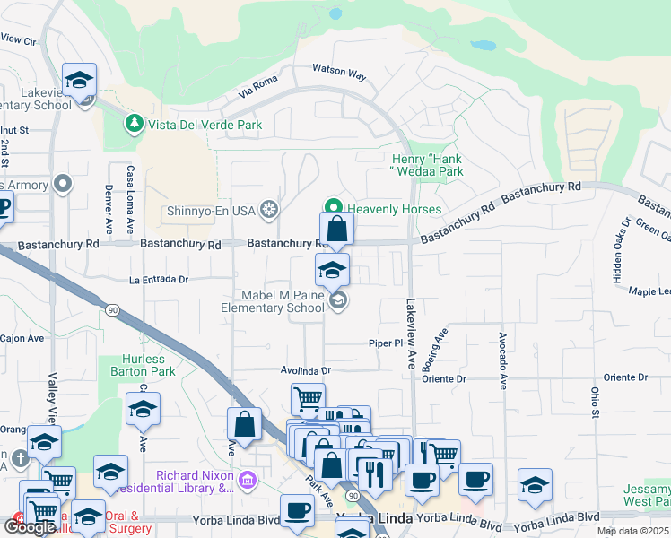 map of restaurants, bars, coffee shops, grocery stores, and more near 4320 Wild Ginger Circle in Yorba Linda
