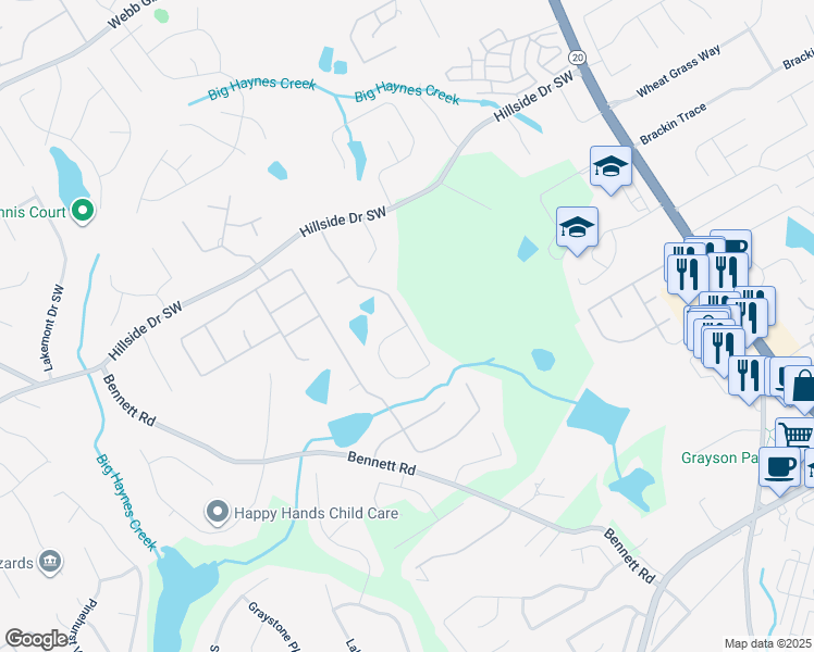 map of restaurants, bars, coffee shops, grocery stores, and more near Cooper Lakes Drive in Grayson