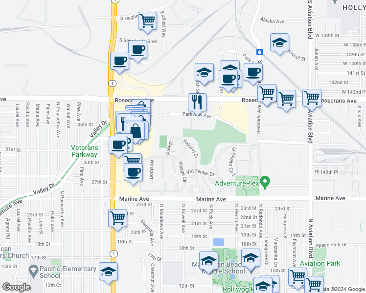 map of restaurants, bars, coffee shops, grocery stores, and more near 23 Lafayette Court in Manhattan Beach