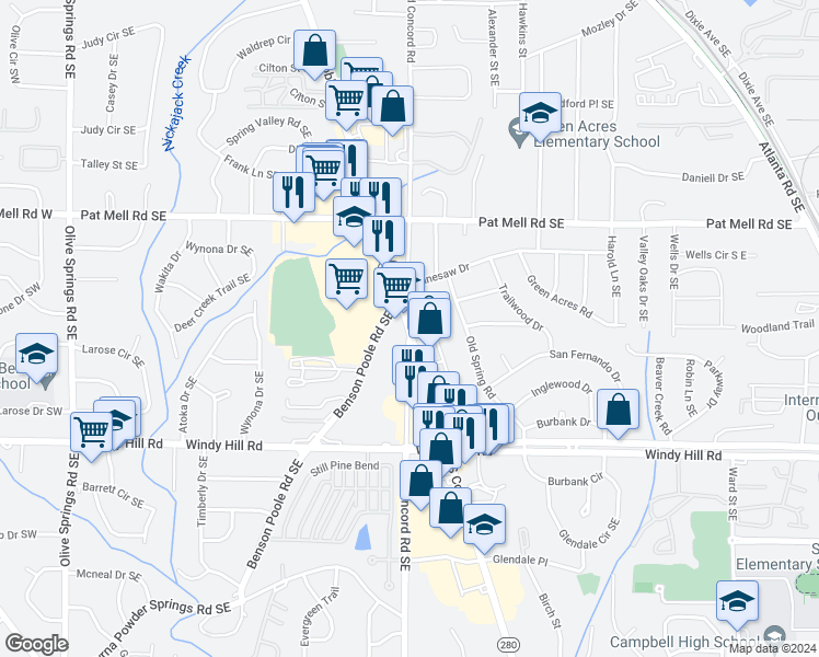 map of restaurants, bars, coffee shops, grocery stores, and more near 2001 Old Concord Road Southeast in Smyrna