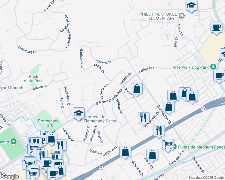 map of restaurants, bars, coffee shops, grocery stores, and more near 2917 Astoria Circle in Corona