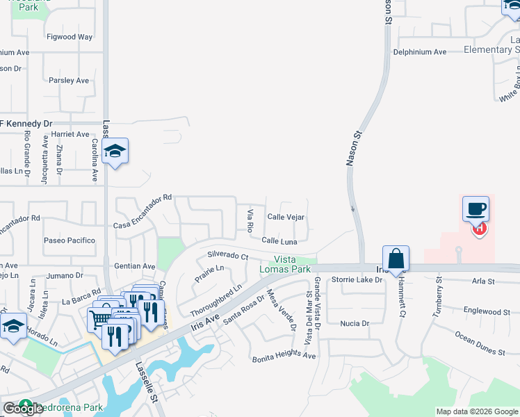 map of restaurants, bars, coffee shops, grocery stores, and more near 26607 Calle Belding in Moreno Valley