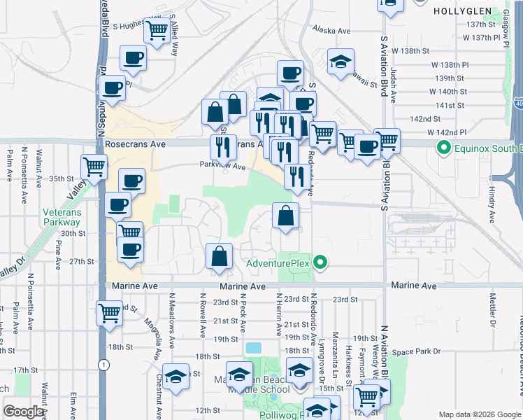 map of restaurants, bars, coffee shops, grocery stores, and more near 27 Tiburon Court in Manhattan Beach