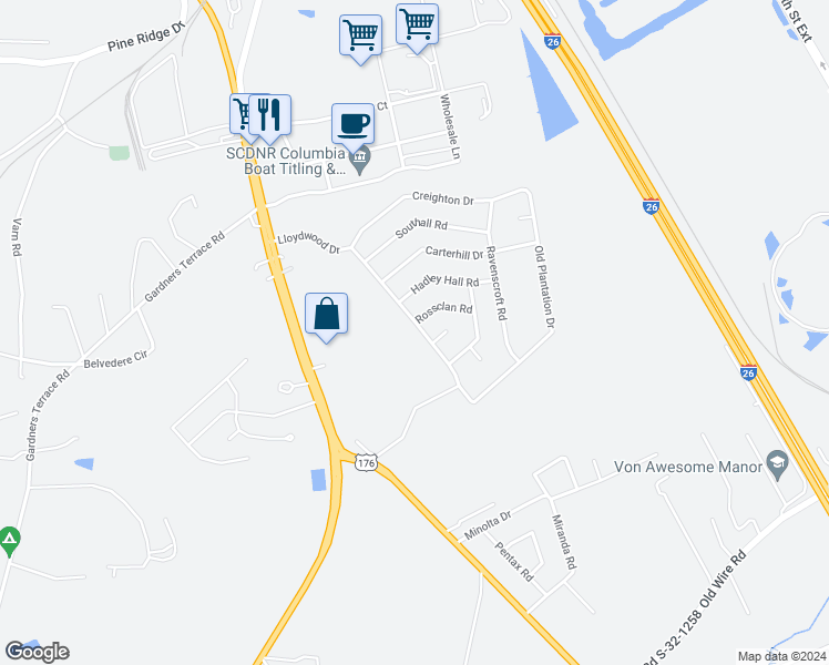 map of restaurants, bars, coffee shops, grocery stores, and more near 230 Lloydwood Drive in West Columbia